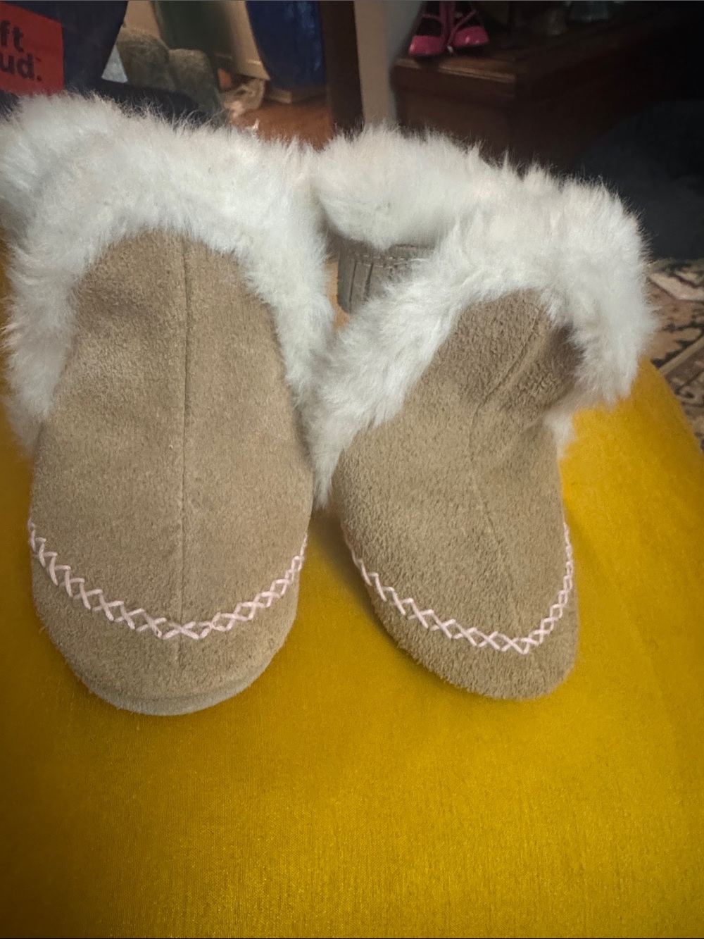 Robeez Tan Slip-On Kids Slippers with White Faux Fur and Pink Stitching